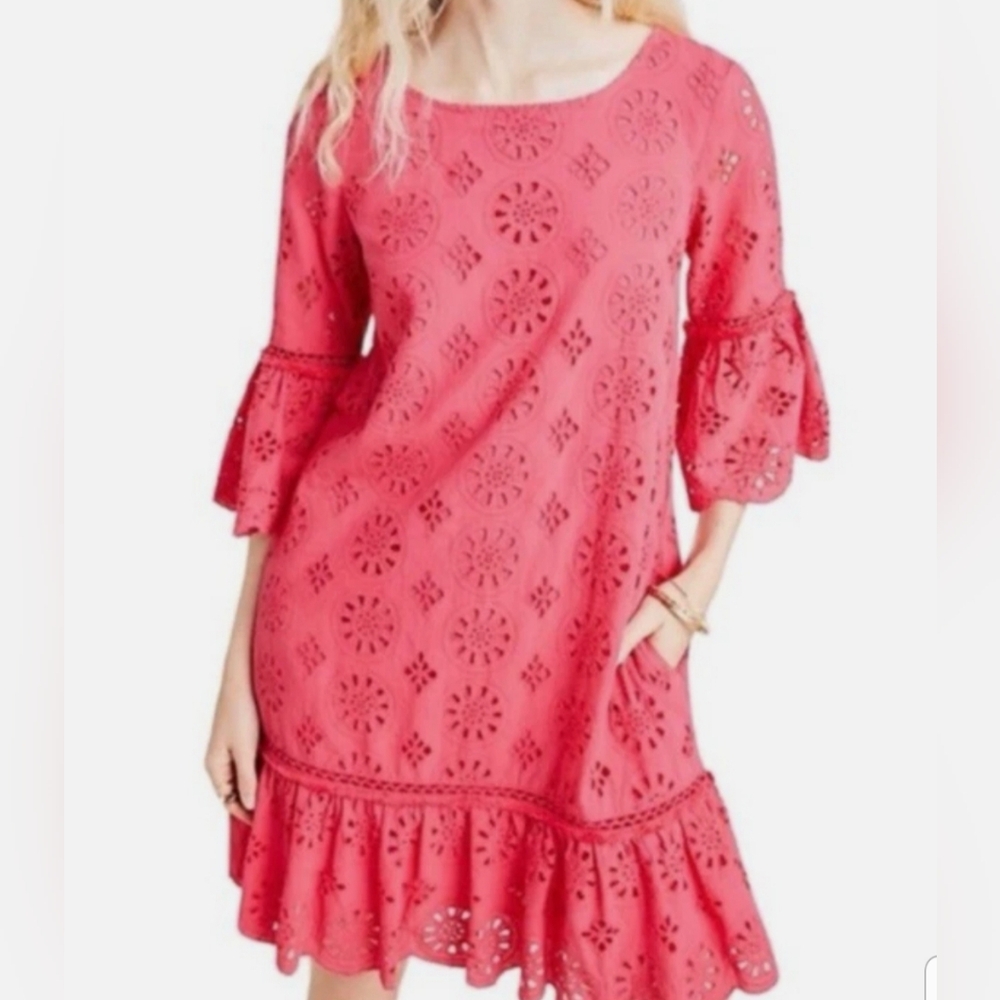 Anthropologie Dani Lace Eyelet Pink Drop Waist Dress Size 12 Coquette Romantic